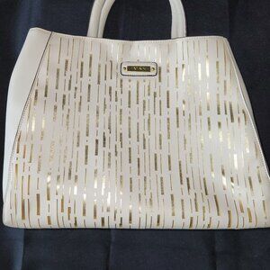 IMAN Large Tote Purse - Off White Ivory Gold & Black Adjustable Strap - EUC Rare